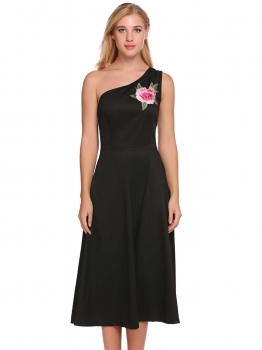 

Black One Shoulder Sleeveless Applique A-Line Dress, Multicolor
