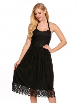 

Black Halter Sleeveless Lace-trimmed High Waist Dress, Multicolor