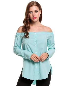 

Blue Side Slit Slash Neck Long Sleeve Solid Button Tops, Multicolor