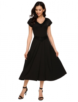 

Black V-Neck Short Sleeve Solid A-Line Dress, Multicolor