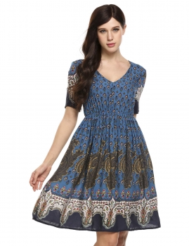 

Blue Bohemian Style Tie Back Floral V Neck Backless Dress, Multicolor