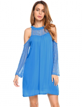 

Blue Lace Patchwork Cold Shoulder Chiffon Dress, Multicolor
