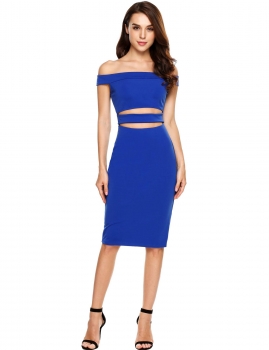 

Blue Solid Off the Shoulder Sexy Cocktail Cut Out Bodycon Dress, Multicolor