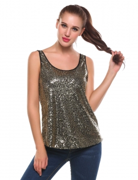 

Gold O-Neck Sleeveless Sequins Pullover Tank Tops, Multicolor