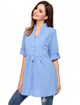 

Blue V-Neck 3"4 Sleeve Solid Pleated Circular Arc Hem Blouse, Multicolor
