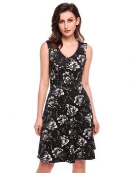 

Black Women V-Neck Sleeveless Floral Print Casual Fit and Flare Dress, Multicolor