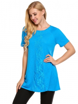 

Blue Casual Short Sleeve O Neck Lace Patchwork Loose T-Shirts, Multicolor