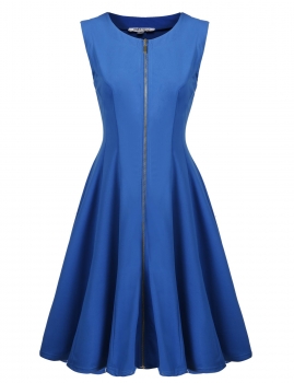 

Blue Sleeveless Solid Zip-Front Fit and Flare Dress, Multicolor