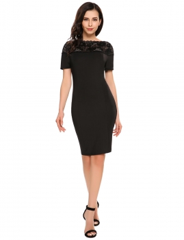 

Black Short Sleeve Lace Patchwork Pencil Dress, Multicolor