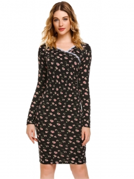 

Black Long Sleeve Lace Trim Floral Pencil Dress, Multicolor
