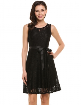 

Black Sleeveless Cocktail Party Floral Lace Dress Belted Wedding Bridesmaid Dresses, Multicolor