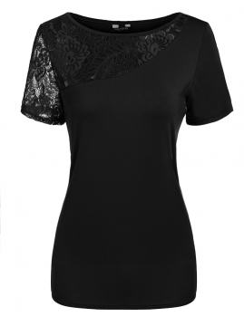 

Black Round Neck Short Sleeve Lace Patchwork Slim Fit T-Shirt, Multicolor