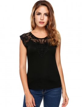 

Black Hollow Out Floral Applique O Neck Slim Fit Tops, Multicolor