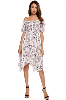 

White Short Sleeve Floral Print Asymmetrical Hem Dress, Multicolor