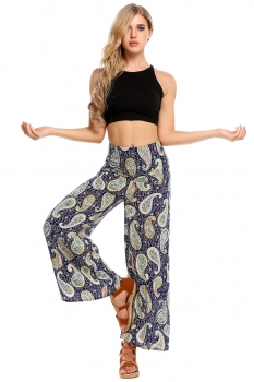 

Dark blue Fold Over Waist Print Wide Leg Loose Casual Pants, Multicolor