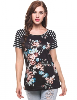 

Color 1 Prints Patchwork Elastic Pullover O-Neck Short Sleeve T-Shirt, Multicolor
