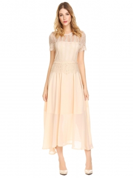

Apricot Women Casual O-Neck Short Sleeve Lace Patchwork A-Line Pleated Swing Sexy Dress, Multicolor