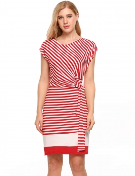 

Red Cap Sleeve Striped Side Ruched Tie-Belt Sheath Dress, Multicolor