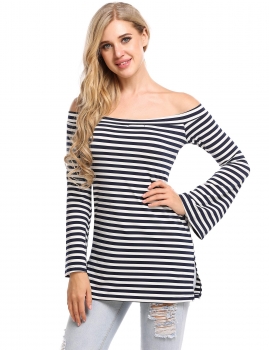 

Blue Slash Neck Off the Shoulder Flare Sleeve Striped T-Shirt, Multicolor