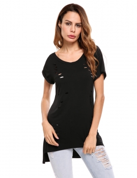 

Black O-Neck Short Sleeve Side Slit Hollow Out Loose Tops, Multicolor