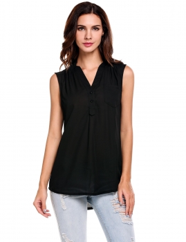

Black Asymmetrical Hem V-Neck Sleeveless Solid Chiffon Tank with Pocket, Multicolor