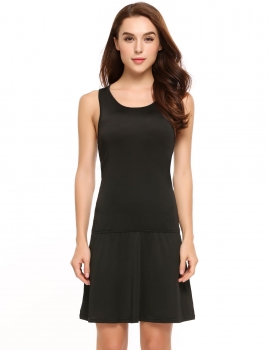 

Black Sleeveless Solid O Neck Casual Tank Dress, Multicolor