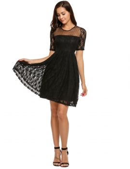 

Black Short Sleeve Mesh Patchwork Slim Pleated Dress, Multicolor