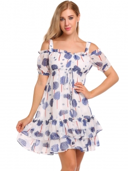 

White Cold Shoulder Floral Ruffles Chiffon Dress, Multicolor
