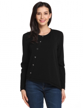 

Black O-Neck Long Sleeve Solid Oblique Decorative Button Asymmetrical Hem Pullover Top, Multicolor