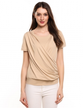 

Beige Solid Front Cross Pleated Elastic False Two Pieces Loose T-Shirt, Multicolor