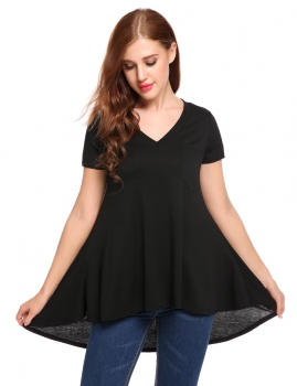 

Black V-Neck Short Sleeve Asymmetrical Pleated Hem Loose T-Shirt, Multicolor