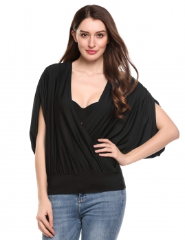 

Black Deep V-Neck Short Batwing Sleeve Solid Pleated Loose Pullover Elastic Top, Multicolor