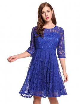 

Blue O-Neck Three Quarter Sleeve Floral Lace Hollow Out Going Out Dress, Multicolor