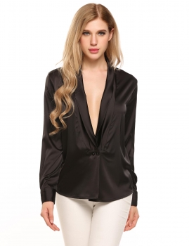 

Black Long Sleeve Loose Deep V-Neck Silk-Satin Shirt, Multicolor