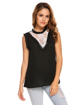 

Black Stand Collar Sleeveless Lace Patchwork Loose Chiffon Tank Tops, Multicolor
