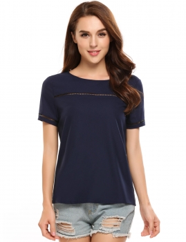 

Navy blue Short Sleeve O Neck Solid Loose Pullover T-shirts, Multicolor