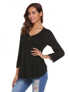 

Black Solid Eyelash Trim Buttoned Long Sleeve Large Hem Tops, Multicolor
