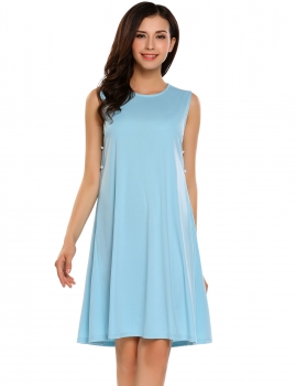 

Light blue Sleeveless Solid O Neck Button Decor Shift Dress, Multicolor