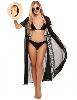 

Black Short Sleeve Lace Patchwork Beach Loose Chiffon Kimono, Multicolor