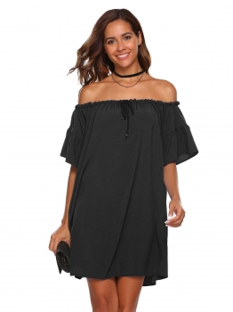 

Black Off Shoulder Ruffle Sleeve Drawstring Loose Dress, Multicolor