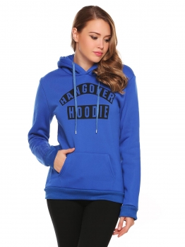 

Blue Long Sleeve Hooded Letter Print Fleece Hoodie, Multicolor