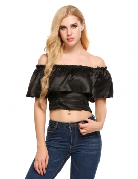 

Black Off The Shoulder Ruffles Solid Slim Crop Tops, Multicolor