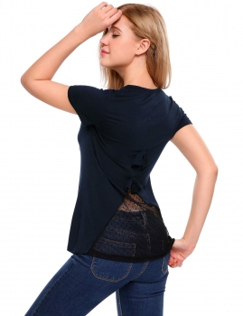 

Navy blue Back Bow Decoration Mesh Patchwork Short Sleeve T-Shirts, Multicolor