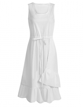 

White Solid Drawstring Irregular Split Ruffled Hem Dress, Multicolor