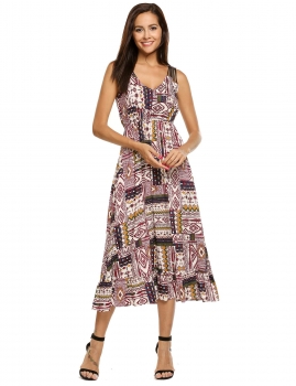 

Red V-Neck Sleeveless Print Ruffles Hem Casual Beach Dress, Multicolor