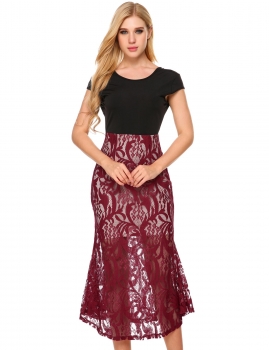

Wine red Backless Lace Hollow Out Patchwork Mermaid Hem Dress, Multicolor