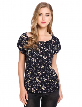

Blue Short Cuffed Sleeve Floral Prints O-Neck Pullover Chiffon Blouse, Multicolor