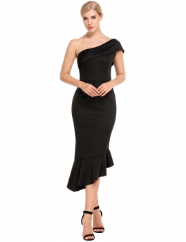 

Black One Shoulder Asymmetrical Ruffles Hem Mermaid Dress, Multicolor