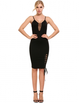 

Black Spaghetti Strap Sleeveless Lace Up Hem Dress, Multicolor
