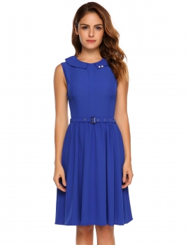 

Blue O-Neck Sleeveless Back Zipper Solid Pleated Dress with Belt, Multicolor